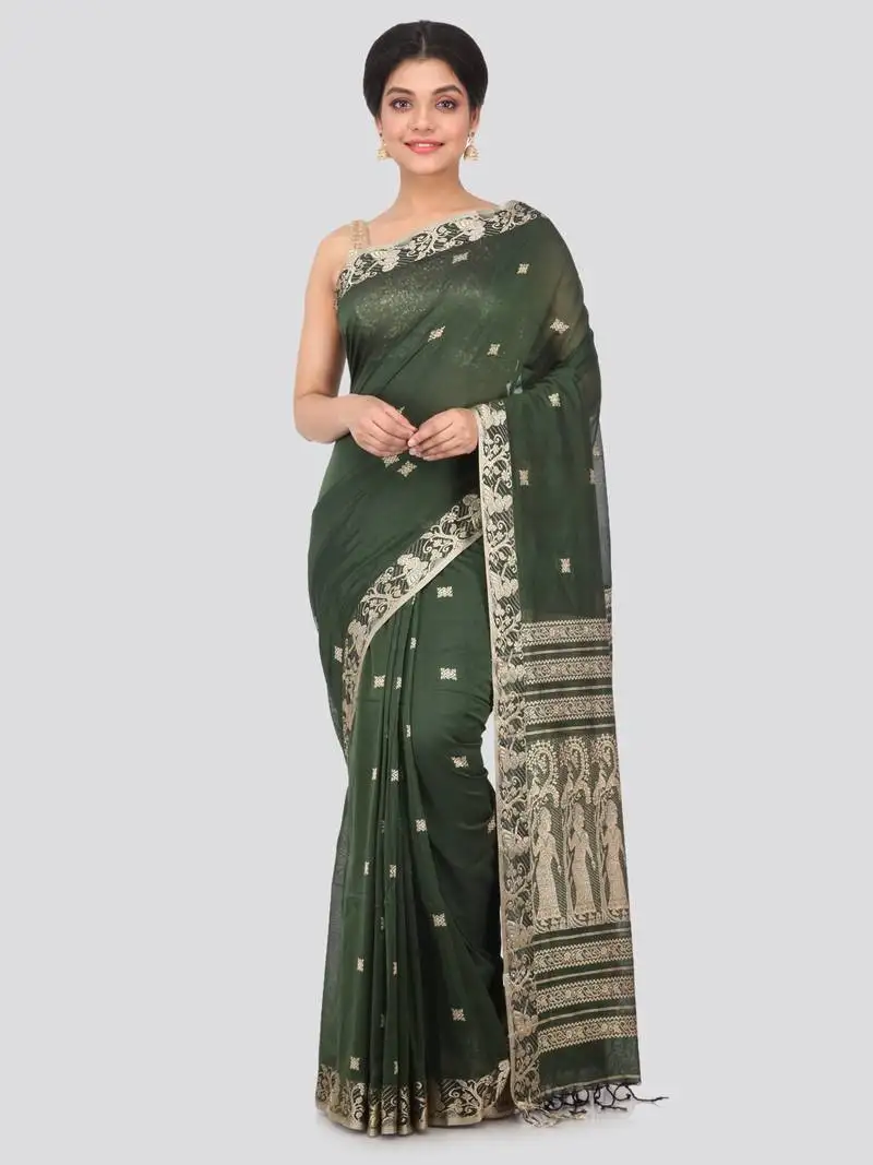 Pinkloom dark green hand woven cotton sarees with blouse piece