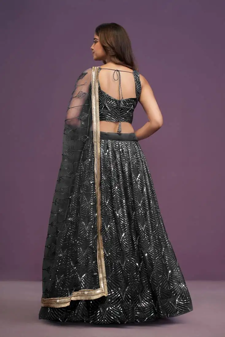 Black zari sequin embroidered butterfly net lehenga choli