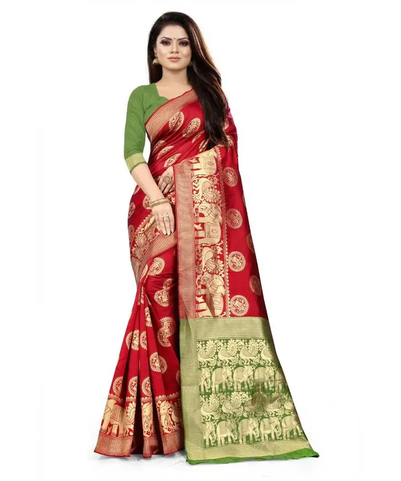 Red art silk banarasi woven saree