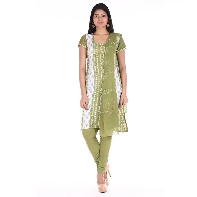 Mehendi green cotton unstitched bandhej dress material