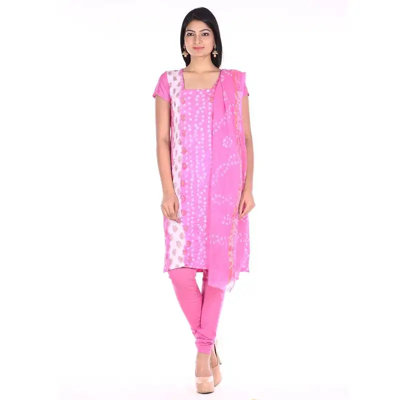 Pink cotton unstitched bandhej dress material