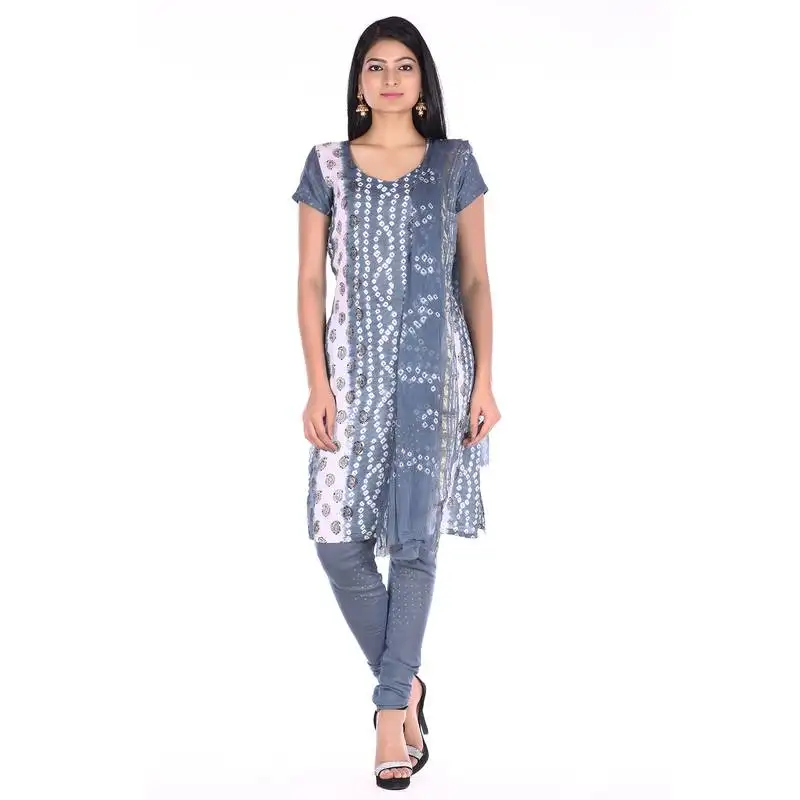 Grey cotton unstitched bandhej dress material