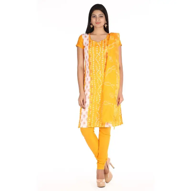 Yellow cotton unstitched bandhej dress material