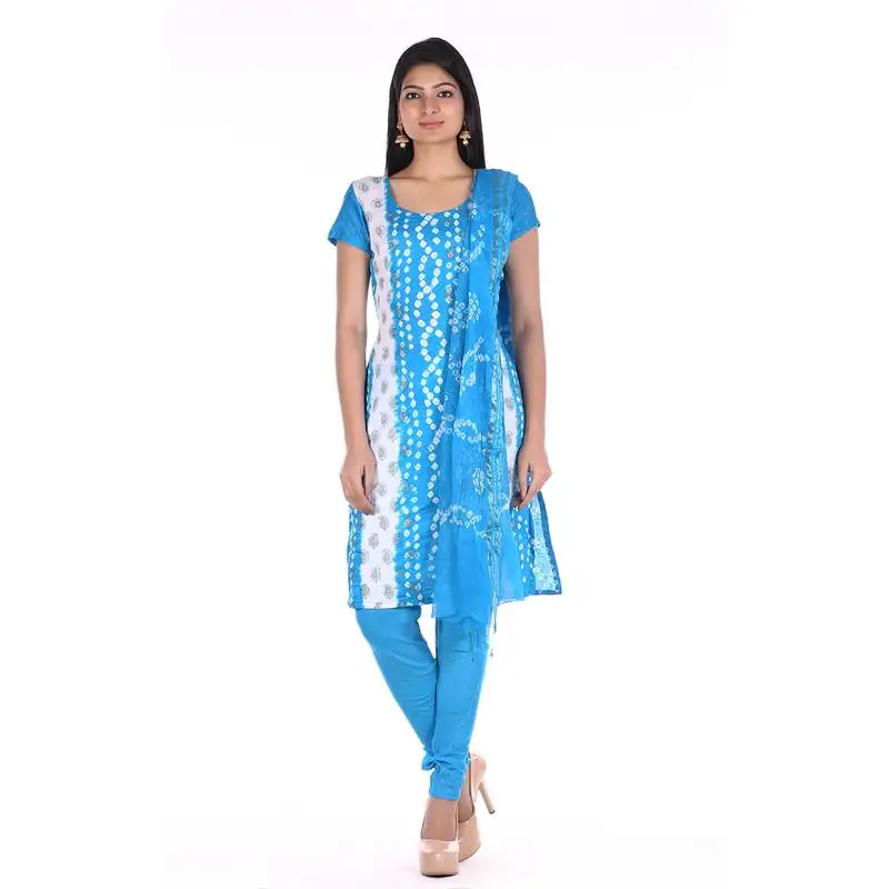 Aqua blue cotton unstitched bandhej dress material