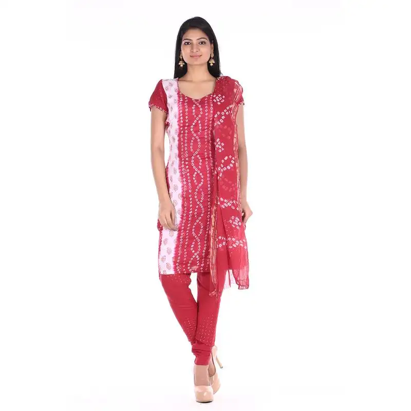 Red cotton unstitched bandhej dress material