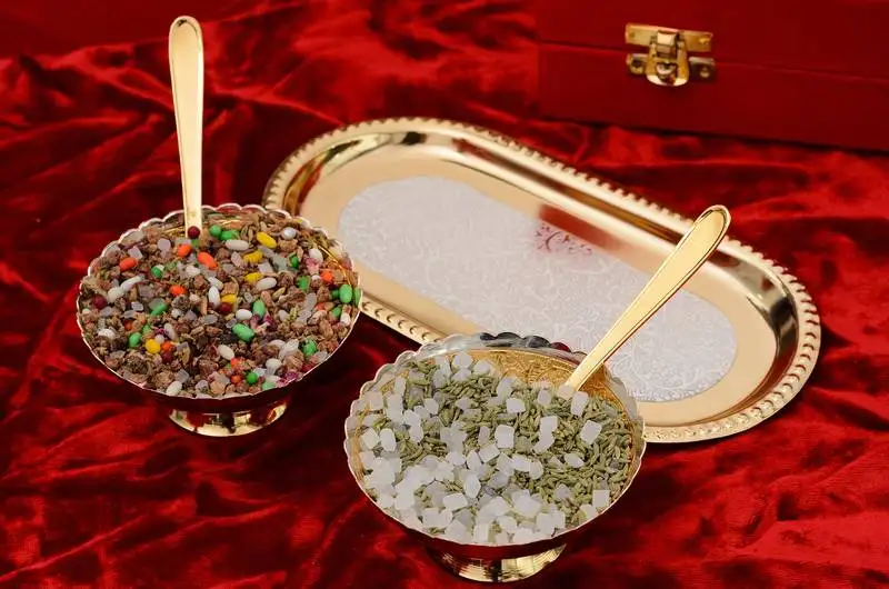 German silver multiutility decorative platter 2 golden bowl set with velvet box