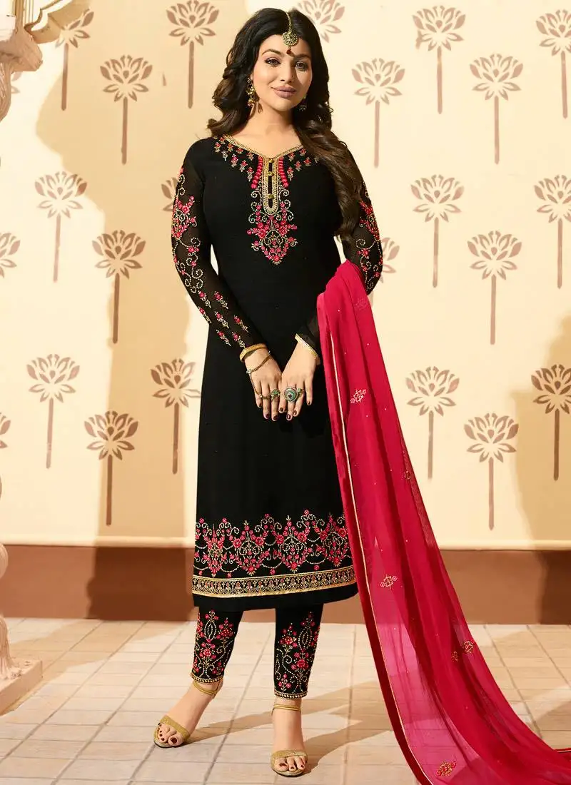 Black georgette semi stitched wedding straight suit