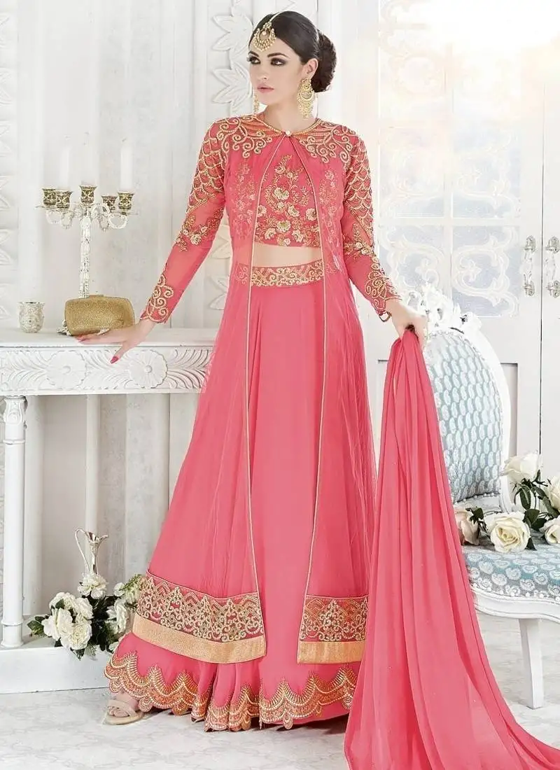 Pink net resham embroidered anarkali suit semi stitched