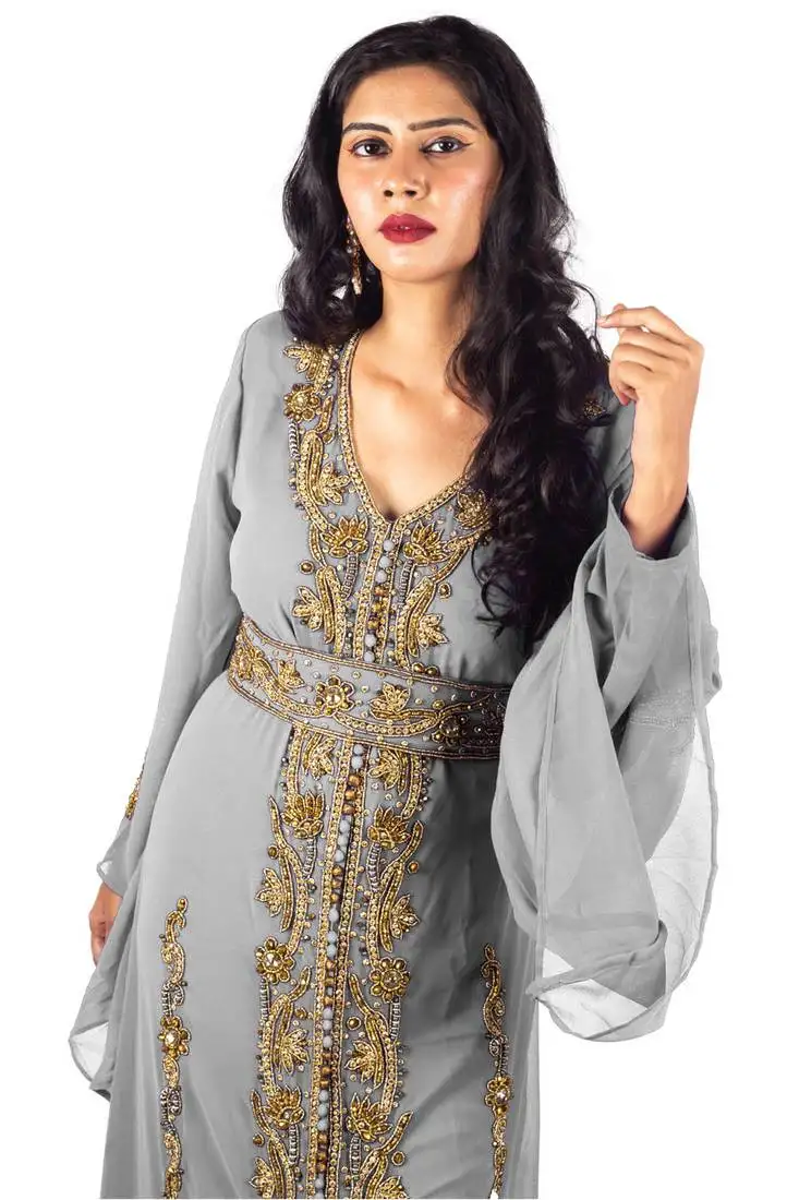 Etah georgette golden copper beaded gray moroccan kaftan