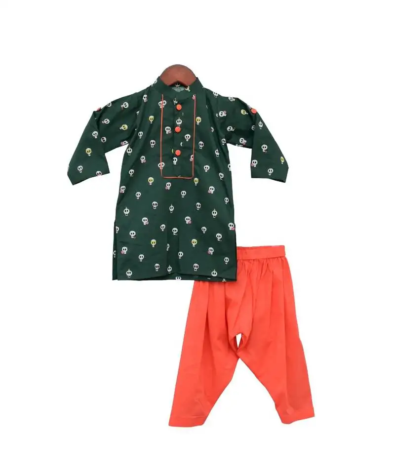 Green printed kurta with orange salwar for boys