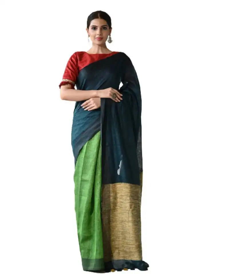 Green dual shade handwoven pure linen saree with blouse piece