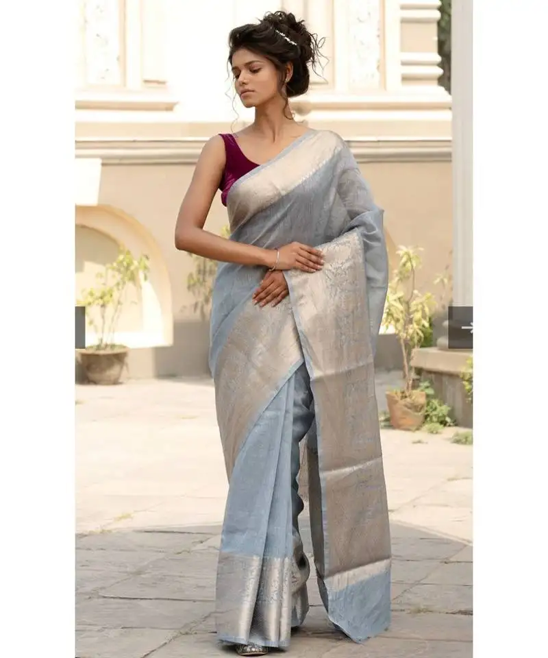 Grey banarsi linen saree with blouse piece