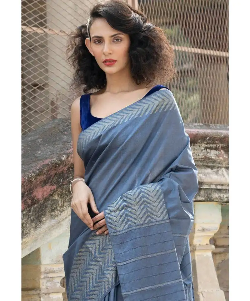 Grey cotton blended saree with blouse piece