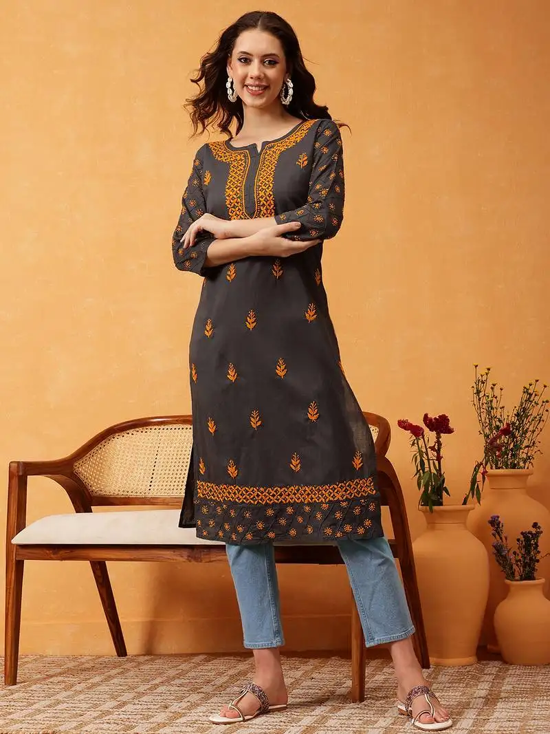 Hand embroidered grey cotton lucknow chikan women kurti