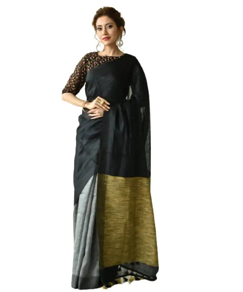 Grey dual shade handwoven pure linen saree with blouse piece