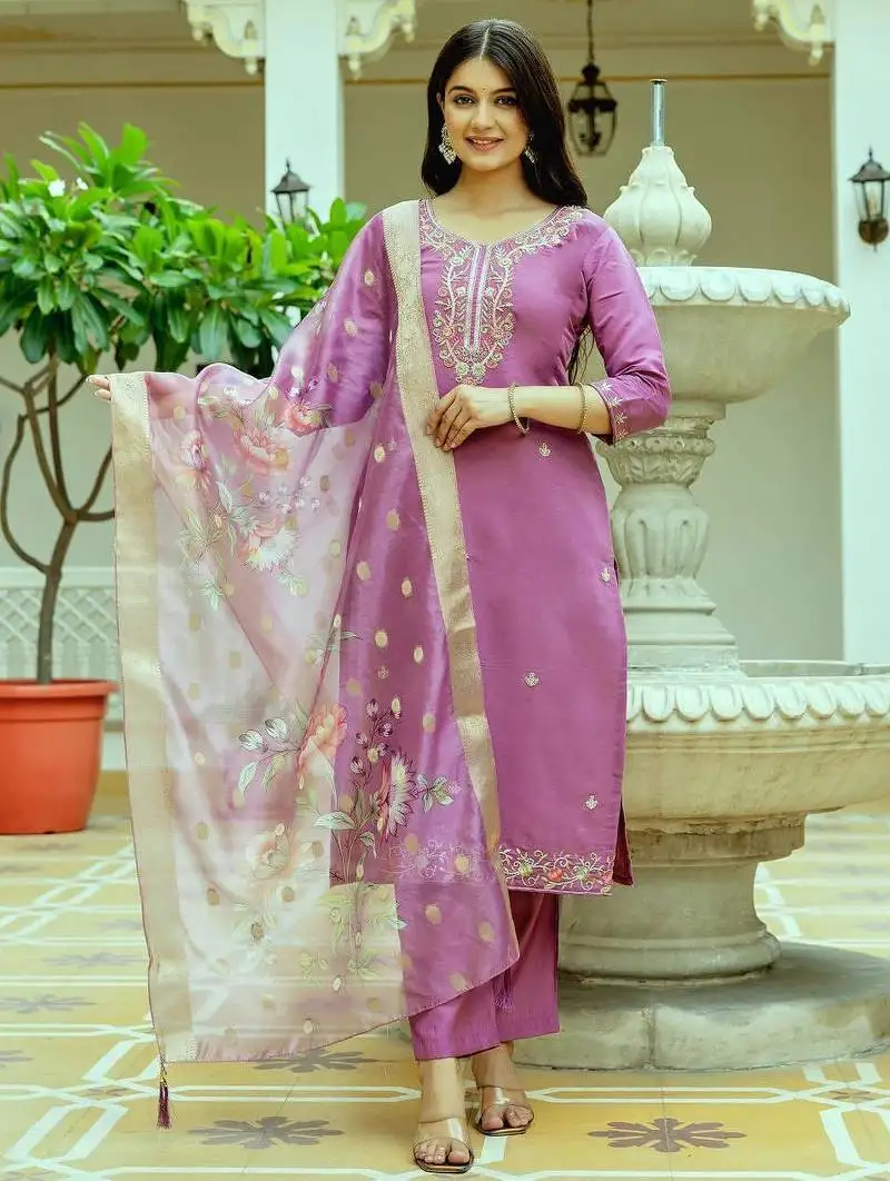 Women beautiful embroidery viscose chanderi silk fabric with straight kurta, pant and dupatta set