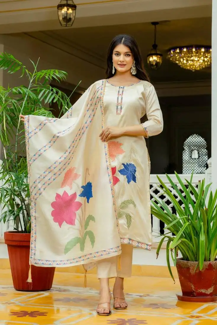 Women beautiful thread work viscose assam silk fabric with straight kurta, pant and dupatta set