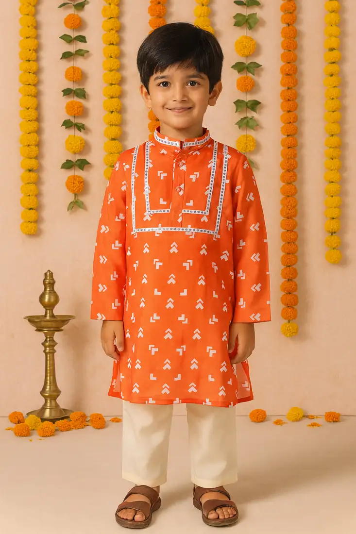 Navratri orange crepe kurta set for boys