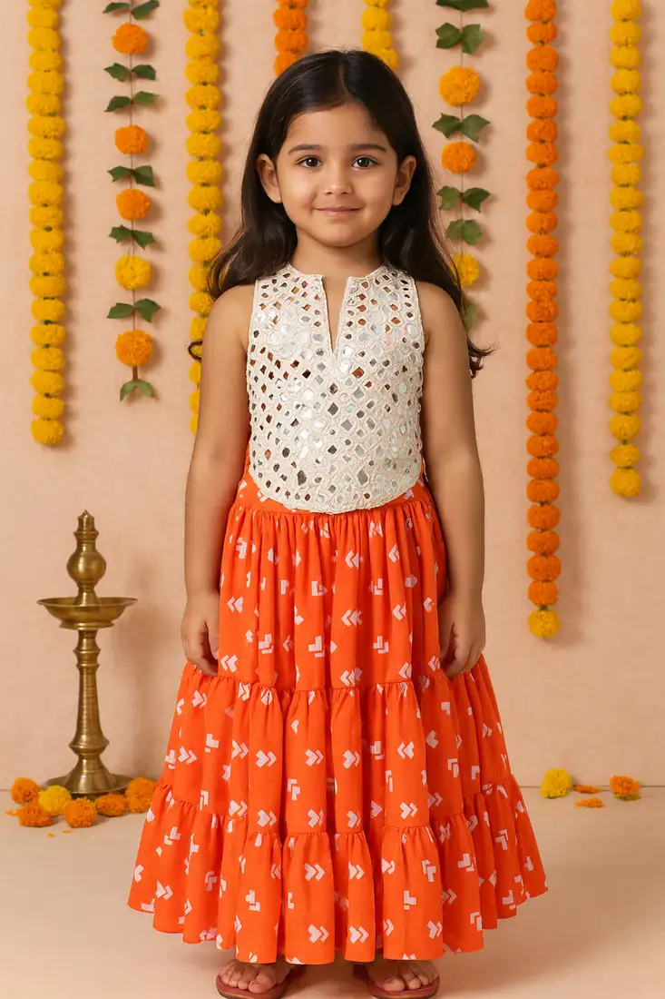 Navratri orange crepe mirror work layered ghagra choli for girls