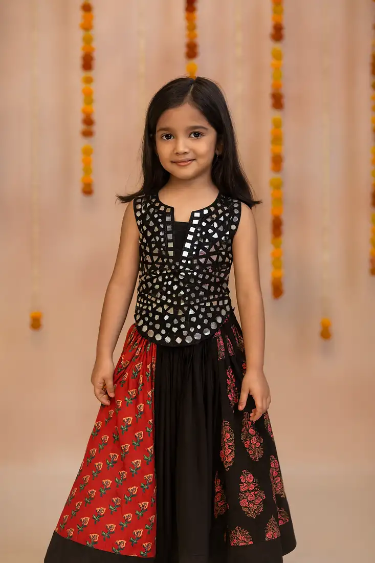 black cotton navratri lehenga choli for girls