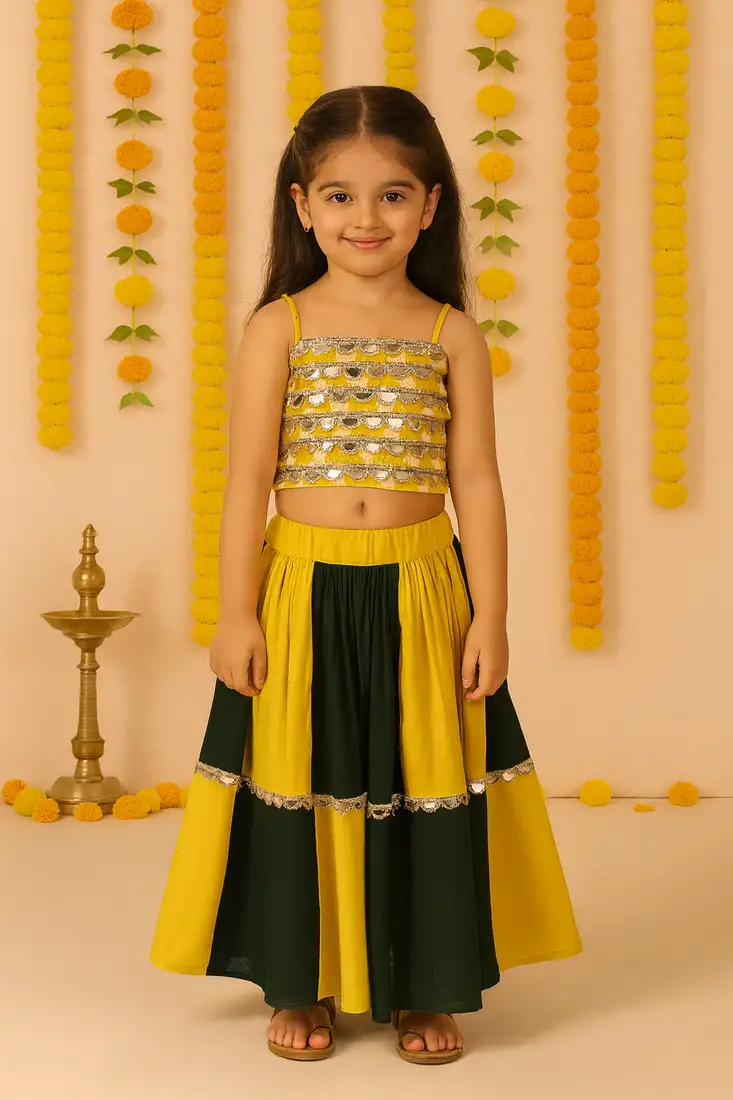 Navratri yellow green mirror work navratri ghagra choli for girls