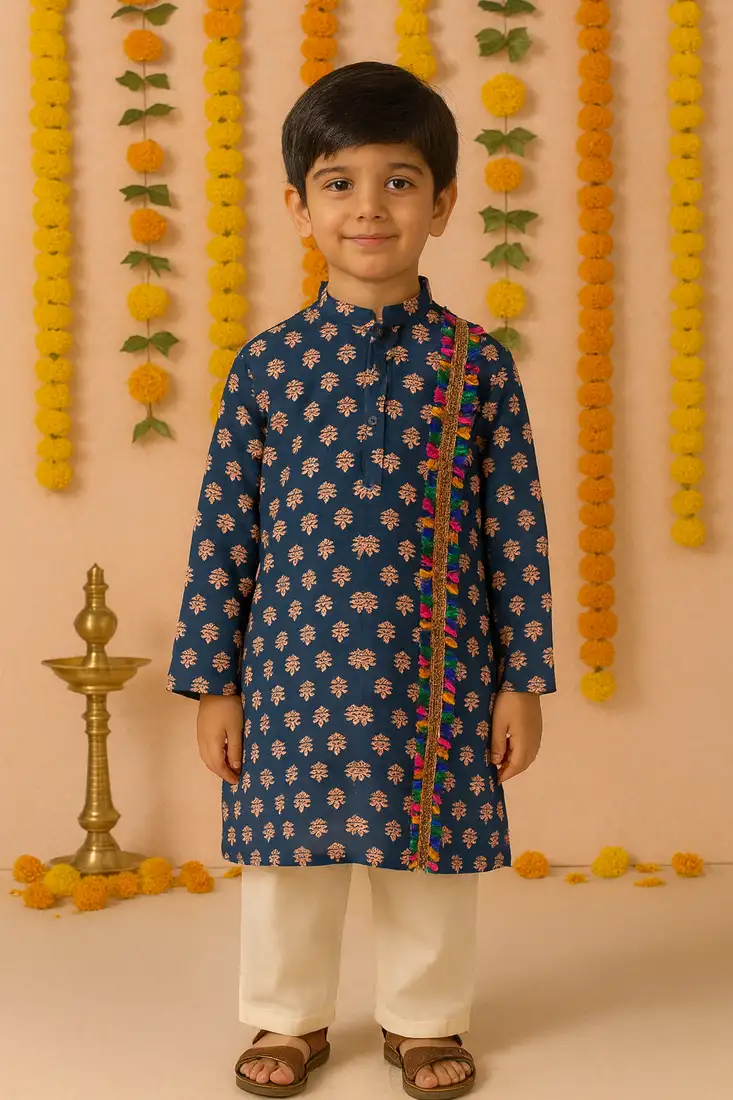 Navratri blue cotton kurta set for boys