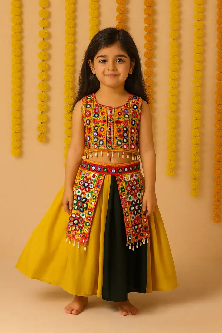 Navratri yellow rayon garba ghagra choli with belt or girls