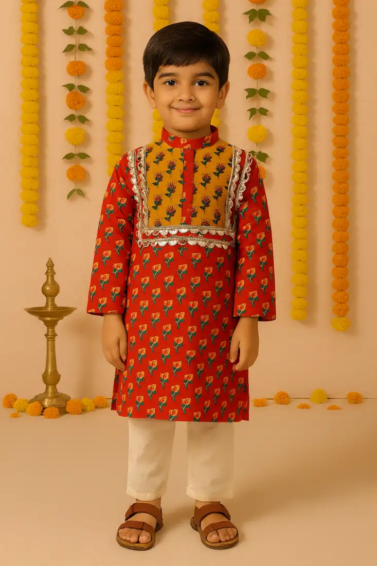 Navratri orange cotton kurta set for boys
