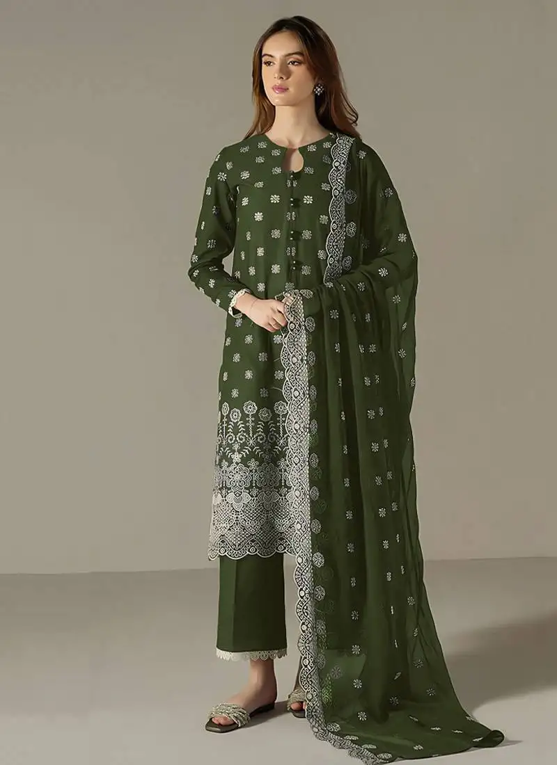Green faux georgette long straight suit for women embroidered semi stitched