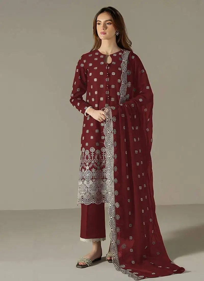 Maroon faux georgette long straight suit for women embroidered semi stitched