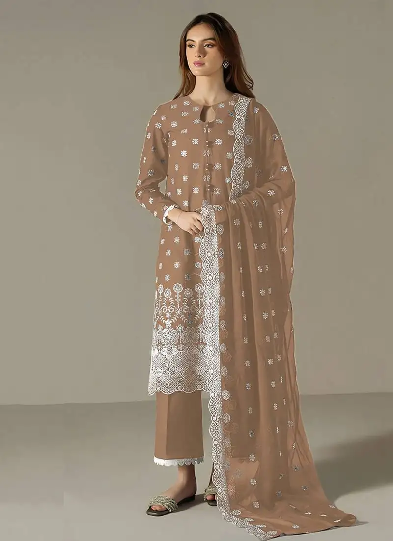 Beige faux georgette long straight suit for women embroidered semi stitched