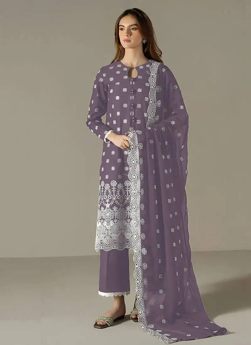Lilac faux georgette long straight suit for women embroidered semi stitched