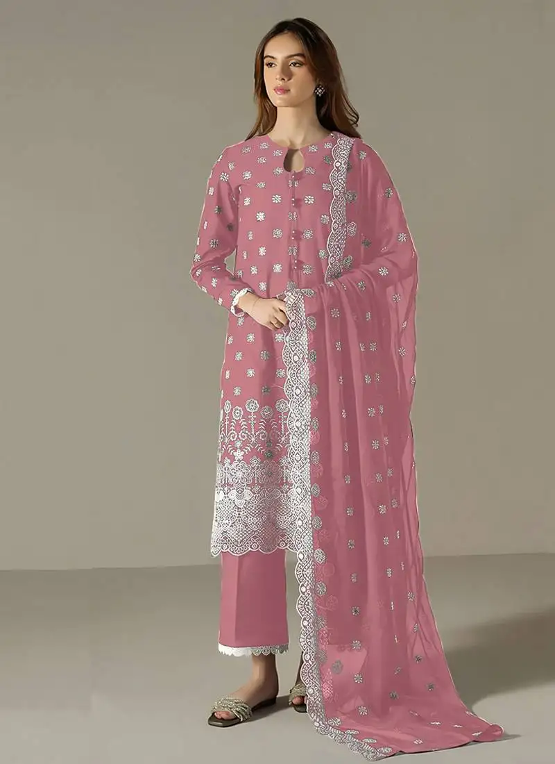 Pink faux georgette long straight suit for women embroidered semi stitched