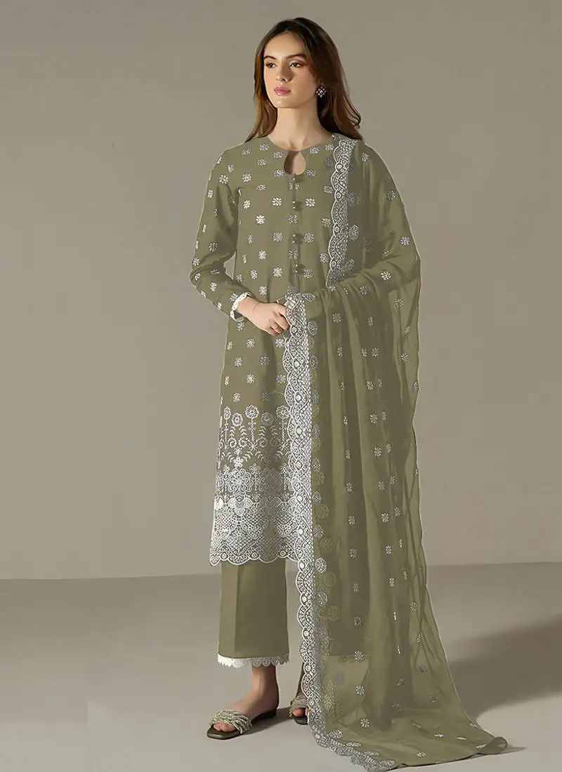 Light green faux georgette long straight suit for women embroidered semi stitched