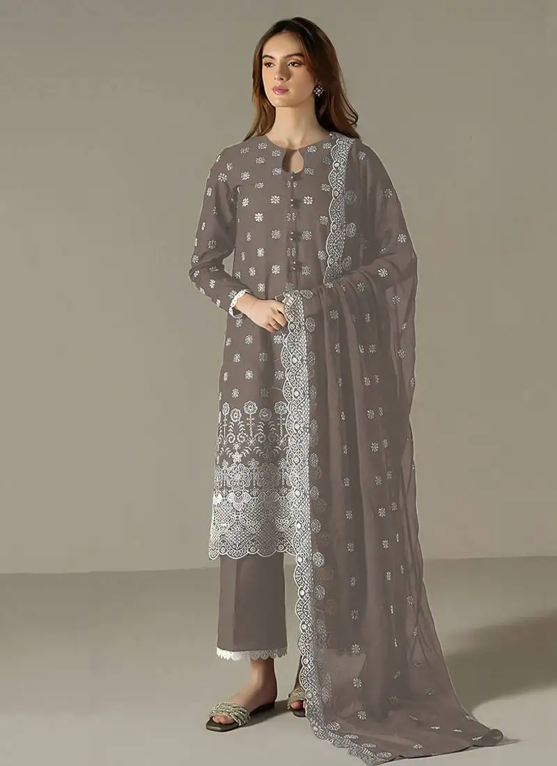 Grey faux georgette long straight suit for women embroidered semi stitched