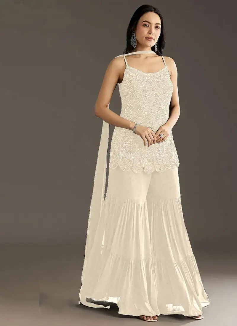 Designer white beads embroidered georgette palazzo suit semi stitched