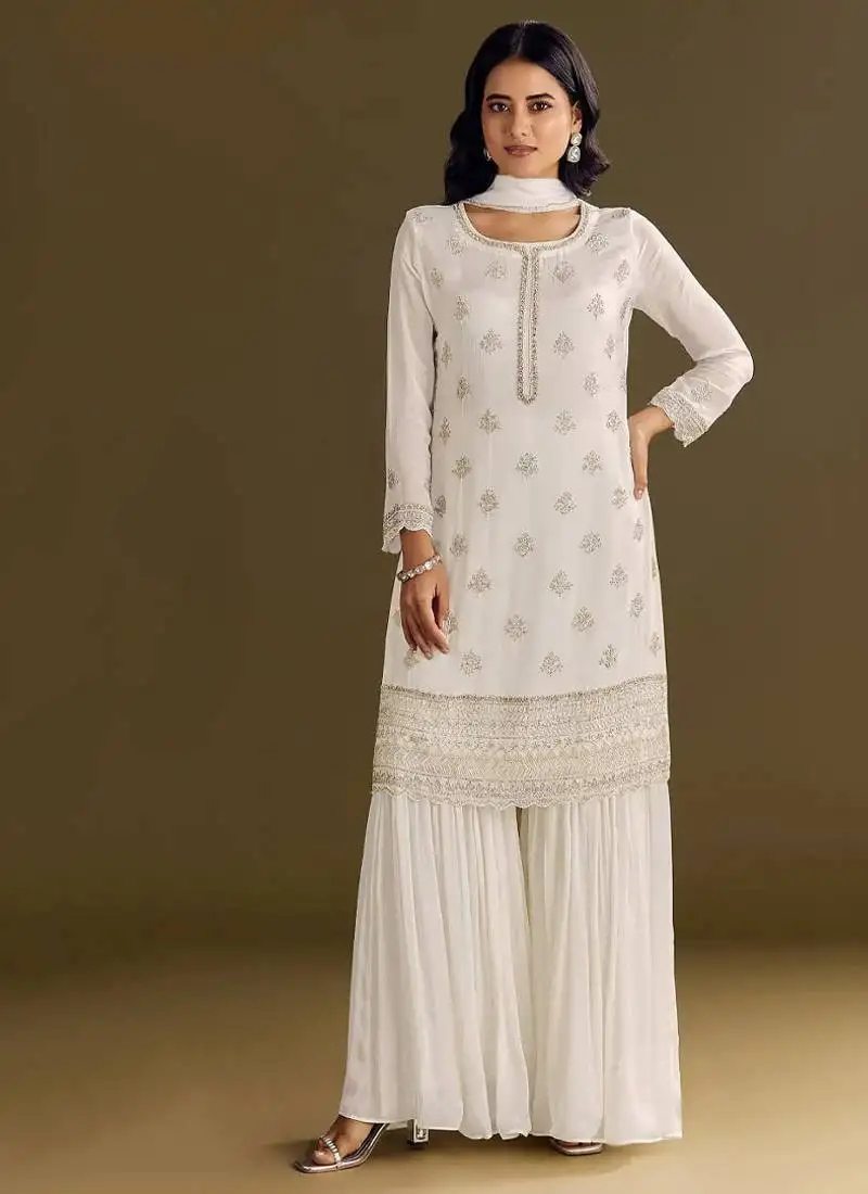 New georgette white palazzo suit with hand work finish semi stitched