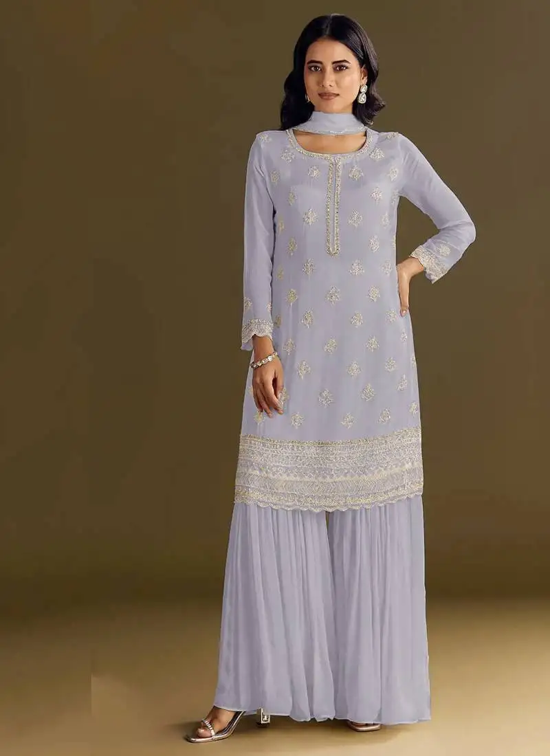 New georgette grey palazzo suit with hand work finish semi stitched