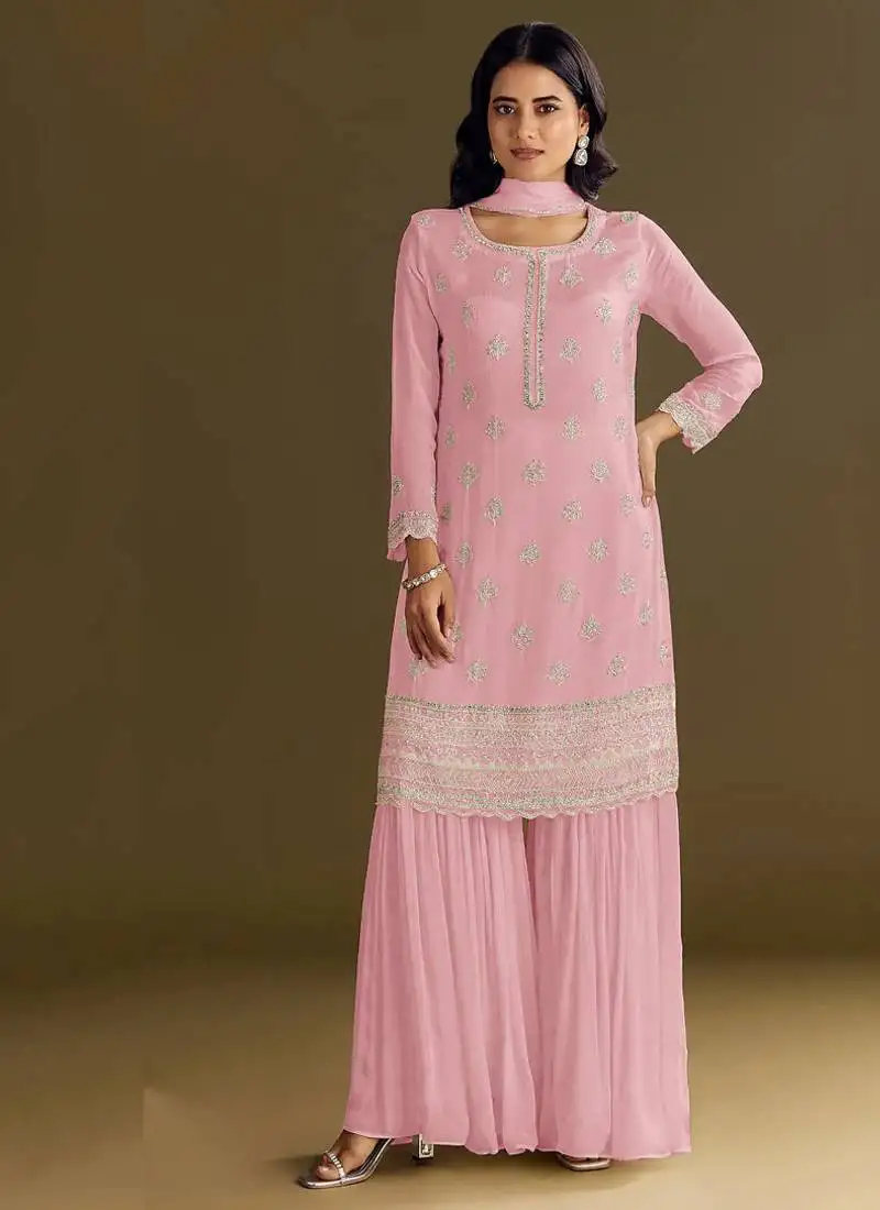 New georgette baby pink palazzo suit with hand work finish semi stitched