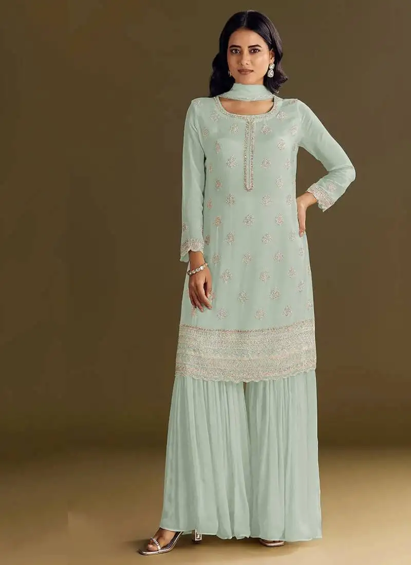 New georgette pista green palazzo suit with hand work finish semi stitched