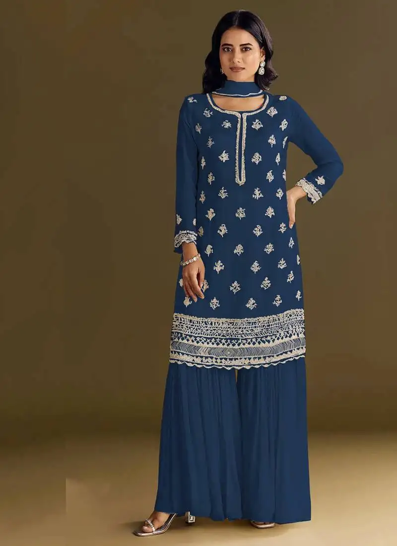 New georgette blue palazzo suit with hand work finish semi stitched