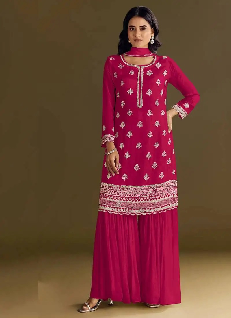 New georgette pink palazzo suit with hand work finish semi stitched