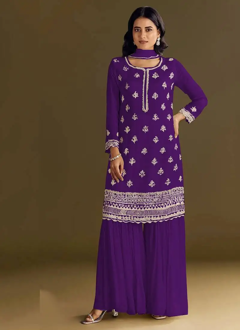 New georgette purple palazzo suit with hand work finish semi stitched