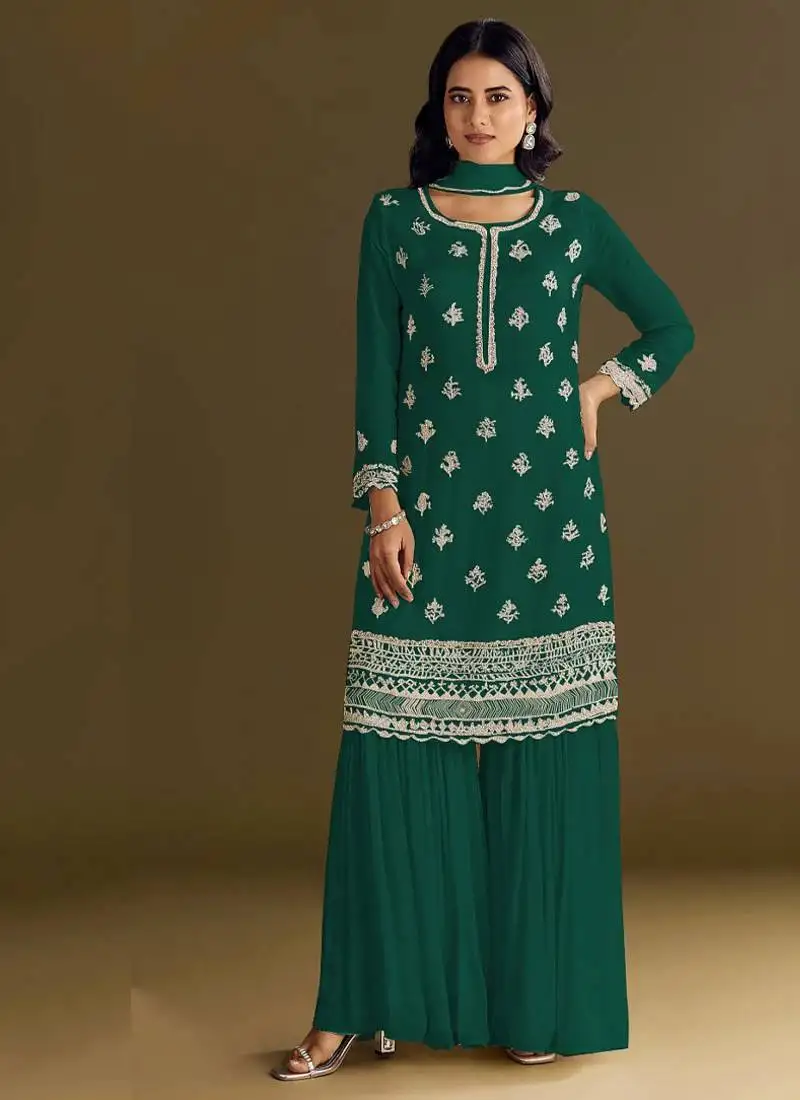 New georgette green palazzo suit with hand work finish semi stitched