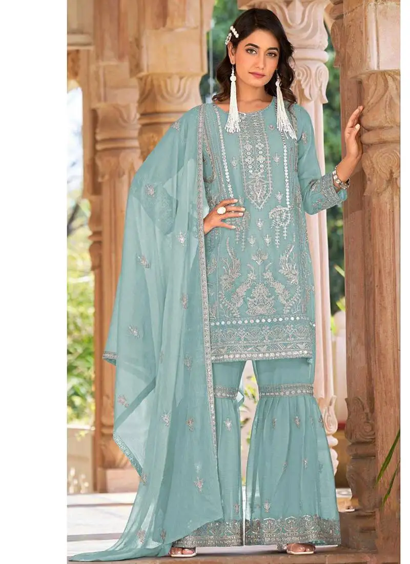 Summer wear sky blue organza embroidered palazzo suit for women semi stitched
