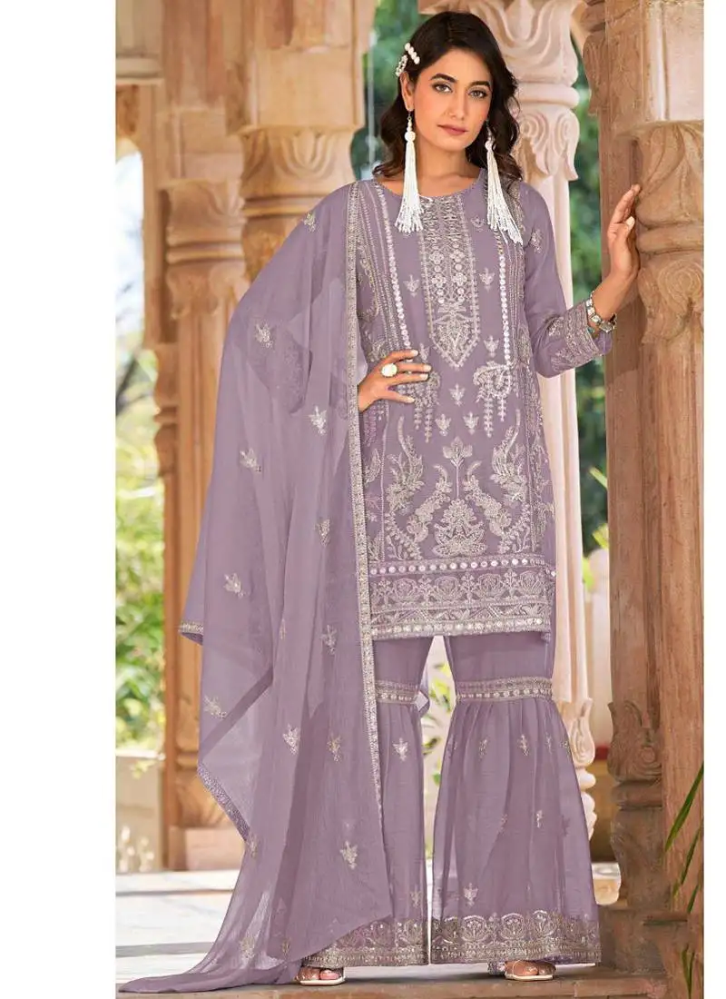 Summer wear lilac organza embroidered palazzo suit for women semi stitched