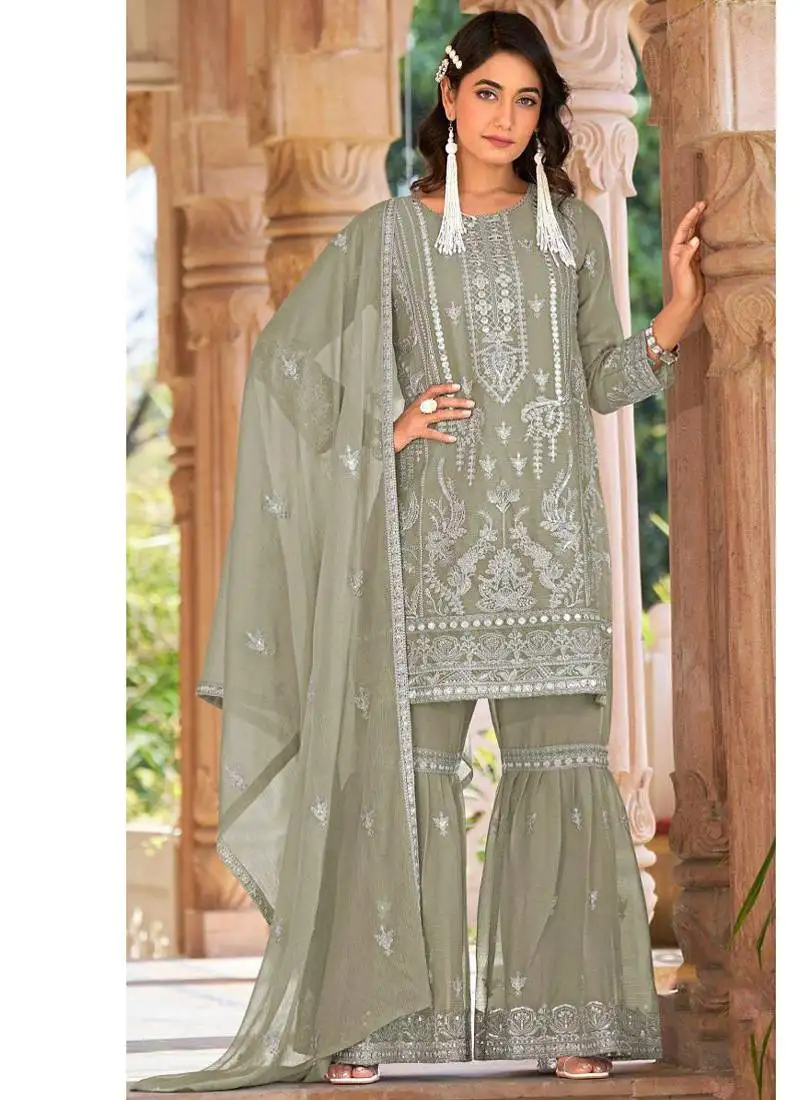 Summer wear grey organza embroidered palazzo suit for women semi stitched