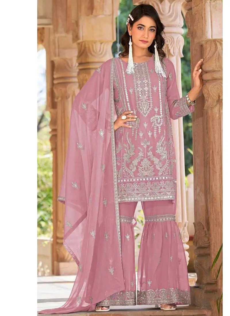 Summer wear pink organza embroidered palazzo suit for women semi stitched