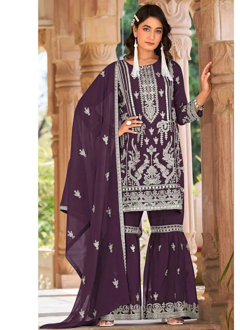 Summer wear purple organza embroidered palazzo suit for women semi stitched