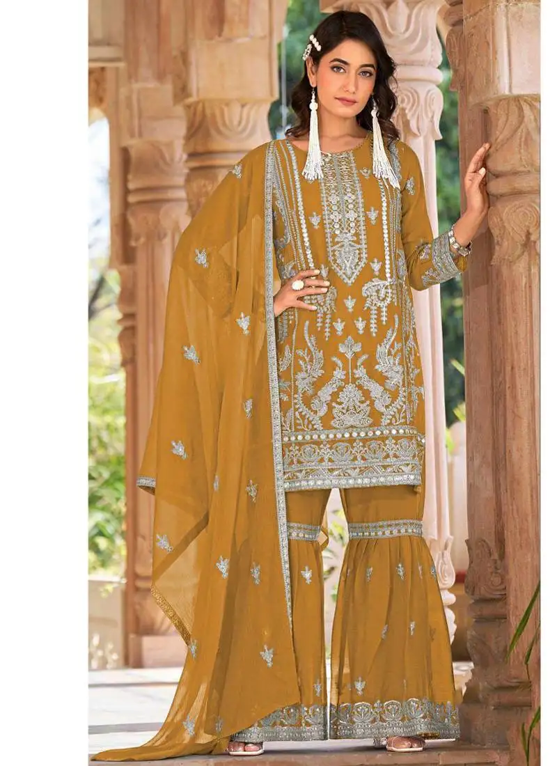 Summer wear yellow organza embroidered palazzo suit for women semi stitched